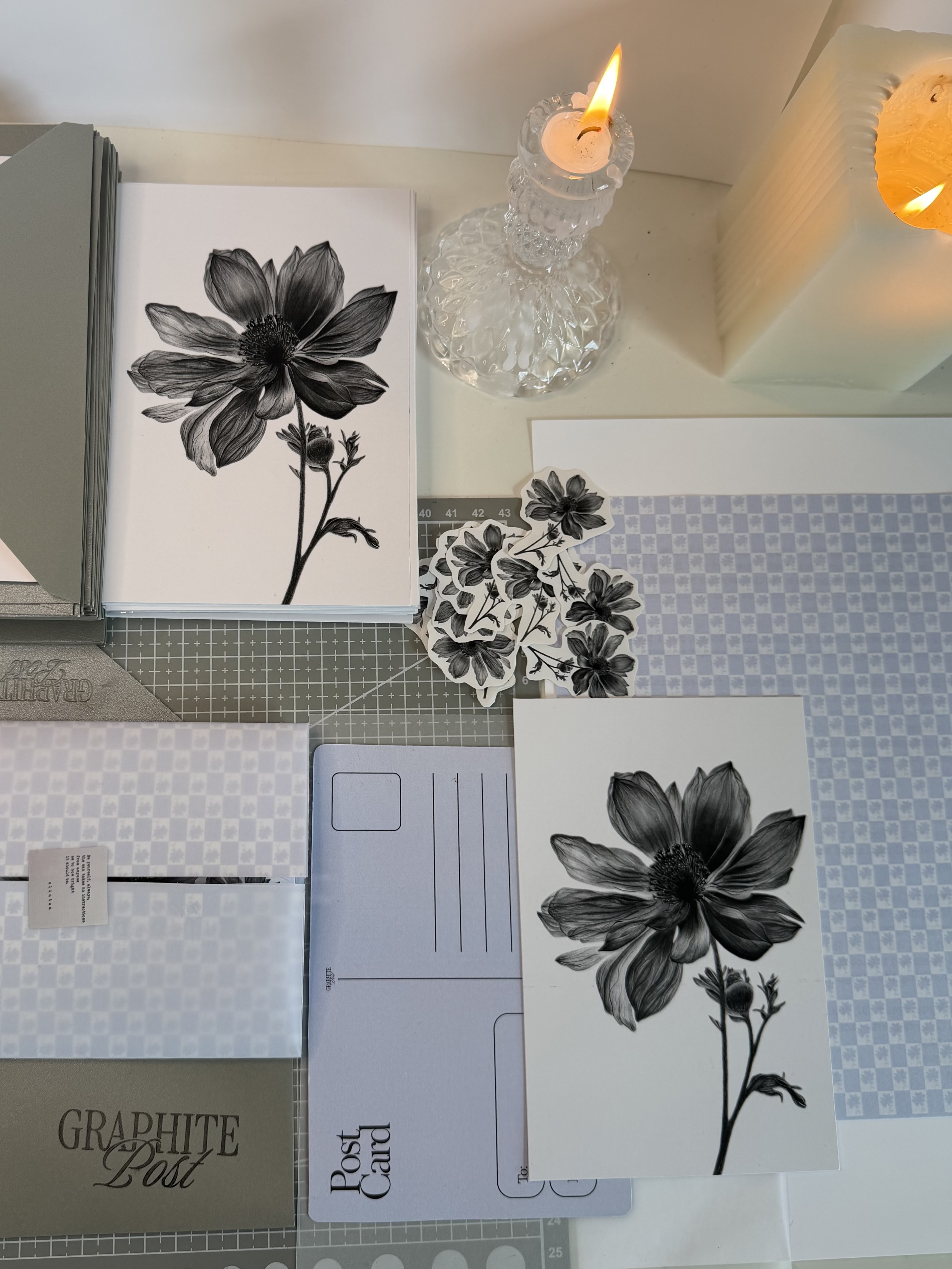 Dahlia collection — complete package flatlay with print, stickers, bookmark and envelope
