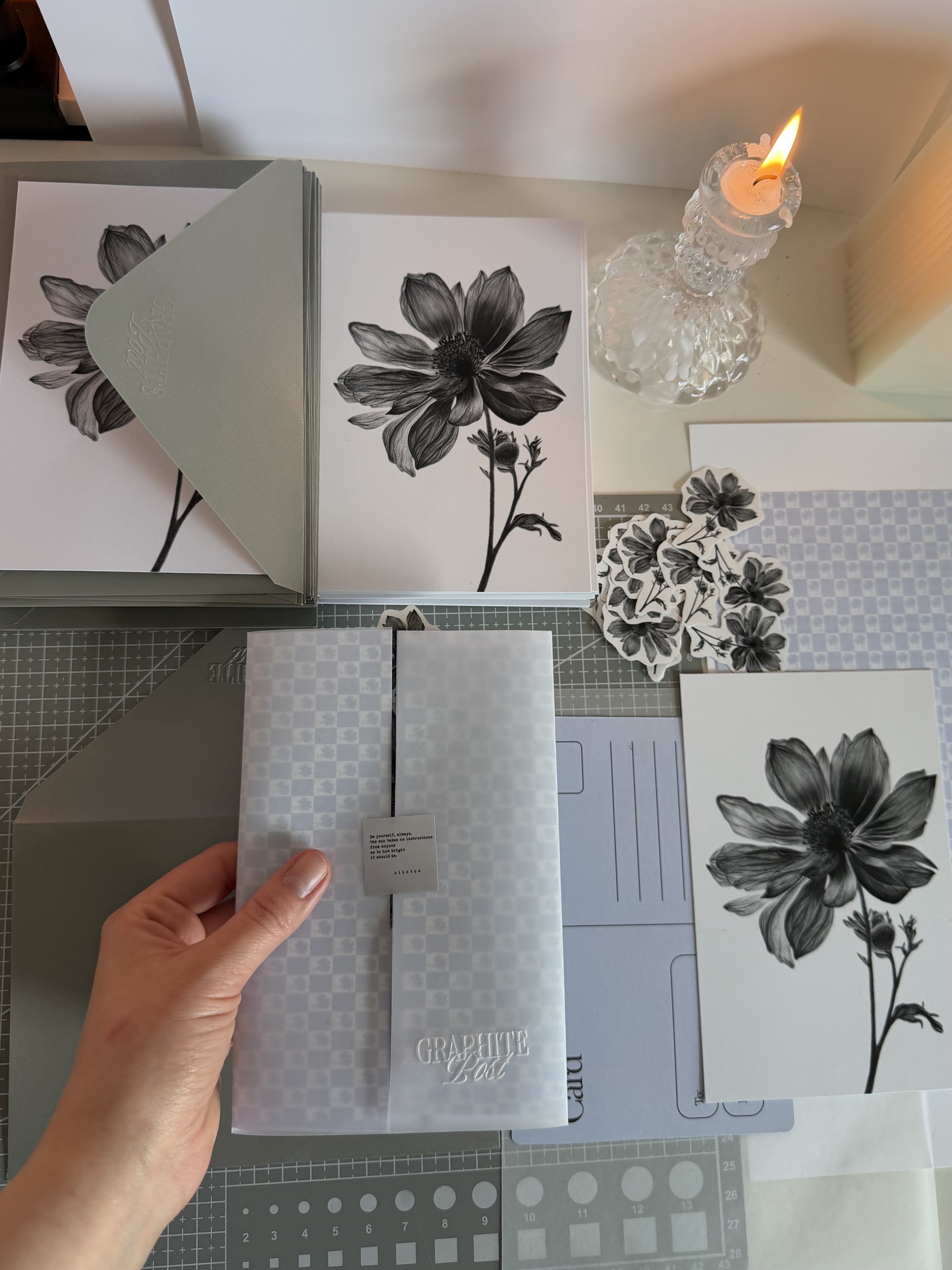 Hand holding a Graphite Post dahlia package