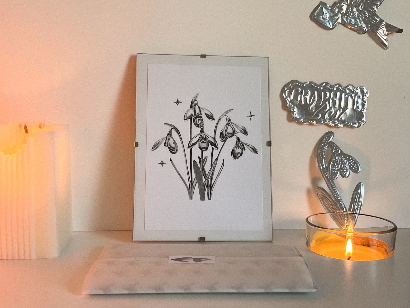Framed snowdrop pencil art print closeup