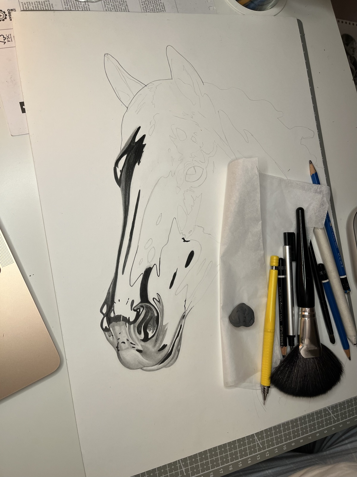 Initial pencil sketch on paper — the first stage of the drawing process