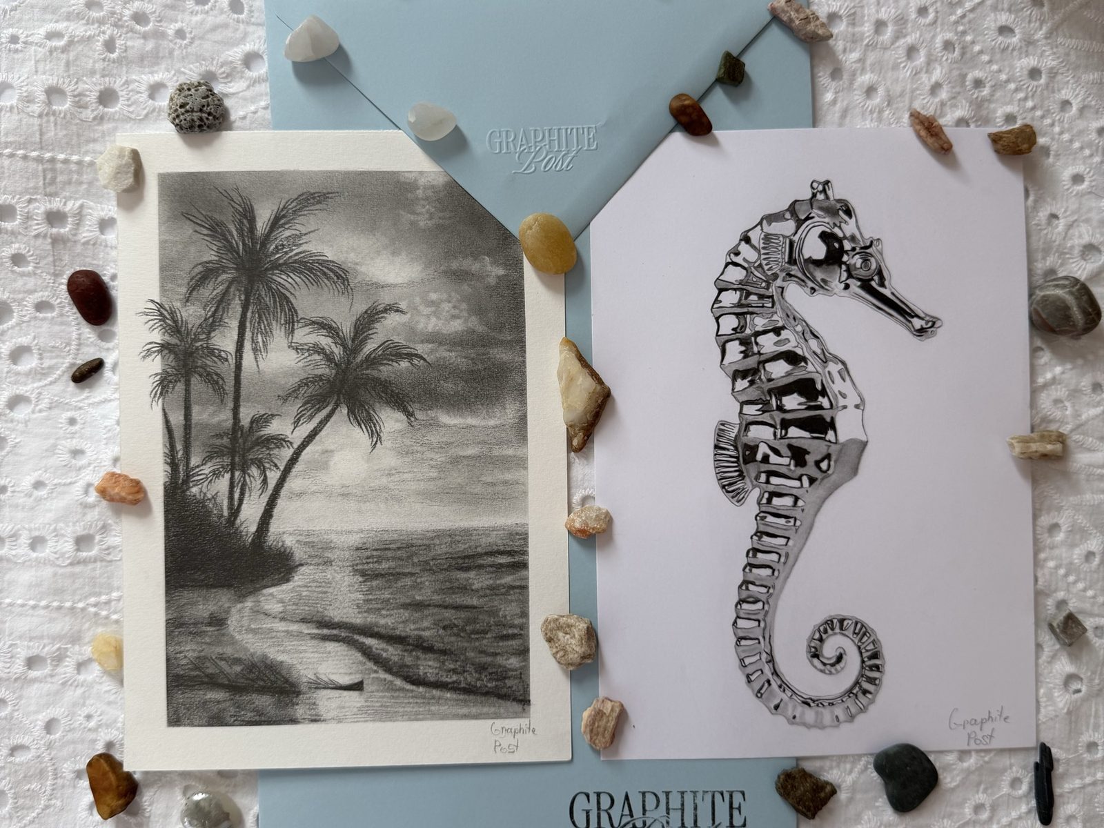 Graphite Post seahorse collection — palm tree and seahorse prints with envelope on white eyelet linen